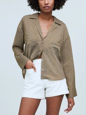 Madewell Resort Long-Sleeve Shirt Dark Olive Stripe Collared Size Small